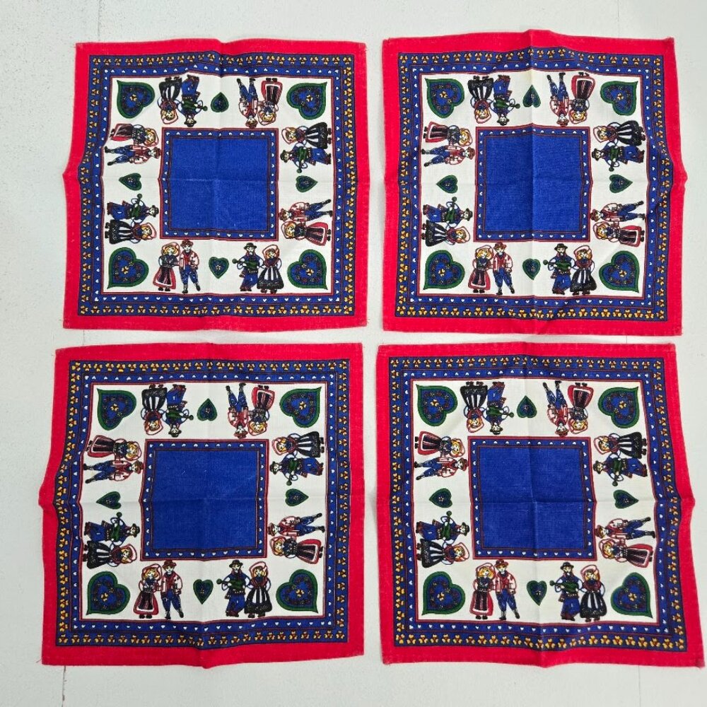 Leif Thesen Oslo Scandinavian Dutch Festive Folk Art Dancers Four Napkins 10" Sq
